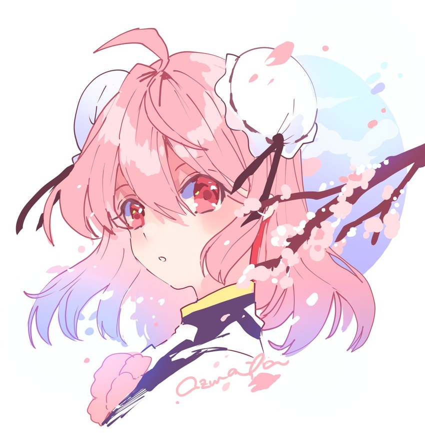 ahoge azuma_aya branch cherry_blossoms commentary double_bun eyelashes falling_petals female gold_trim hair_between_eyes hair_bun highres ibaraki_kasen open_mouth petals pink_eyes pink_hair portrait short_hair signature simple_background solo symbol-only_commentary touhou upper_body white_background