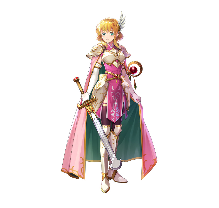 absurdres armor black_thighhighs blonde_hair blue_eyes breastplate cape chachie commentary_request dress elbow_gloves female fire_emblem fire_emblem:_thracia_776 fire_emblem_heroes full_body gloves greaves highres holding holding_sword holding_weapon lands_sword looking_at_viewer nanna_(fire_emblem) official_art pauldrons pink_cape pink_dress short_hair shoulder_armor simple_background smile solo standing sword thighhighs weapon white_armor white_background white_gloves wing_hair_ornament