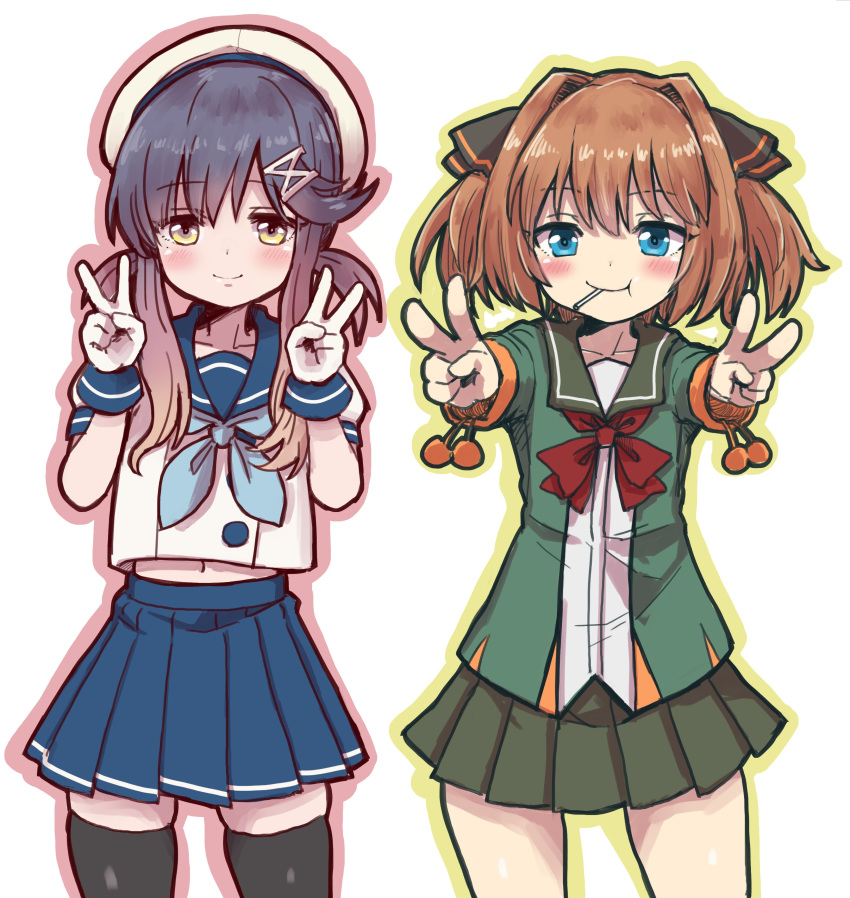 2girls absurdres black_thighhighs blue_eyes blue_neckerchief blue_skirt brown_hair candy double_v food gloves gradient_hair green_jacket green_skirt hachijou_(kancolle) hair_ornament hair_ribbon hat highres jacket kantai_collection lollipop long_sleeves mouth_hold multicolored_hair multiple_girls neckerchief outline pleated_skirt pom_pom_(clothes) purple_hair red_neckerchief ribbon sailor_collar school_uniform serafuku short_sleeves sidelocks simple_background skirt smile thighhighs tsushima_(kancolle) unagiman v white_background white_gloves white_headwear yellow_eyes