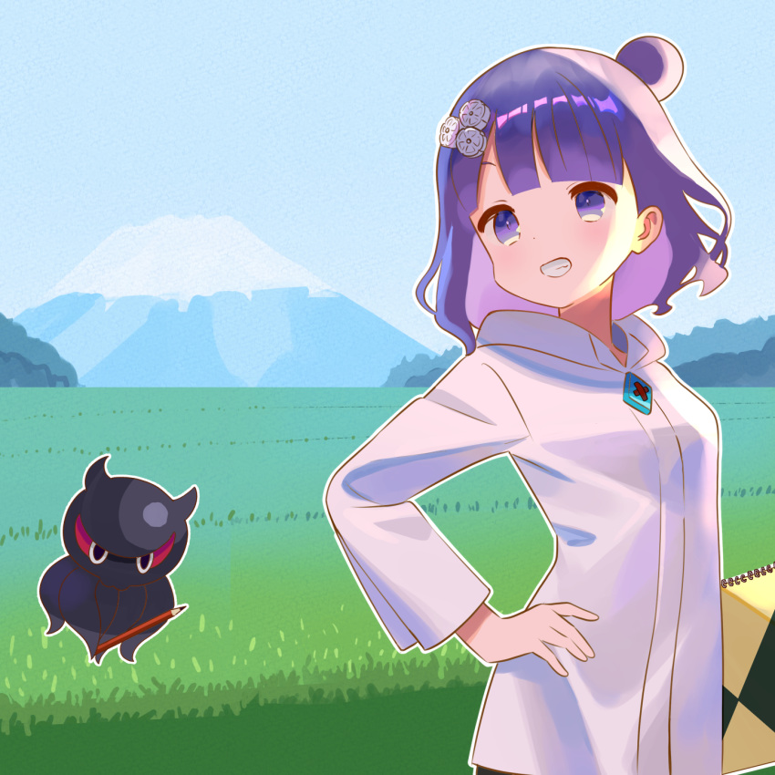 blue_sky breasts day fate/grand_order fate_(series) female field grass grin hair_bun hair_ornament highres hood hoodie katsushika_hokusai_(fate) katsushika_hokusai_(traveling_outfit)_(fate) long_sleeves mountain octopus official_alternate_costume outdoors pencil purple_eyes purple_hair scenery single_hair_bun sketchbook sky small_breasts smile tokitarou_(fate) white_hoodie zenshin