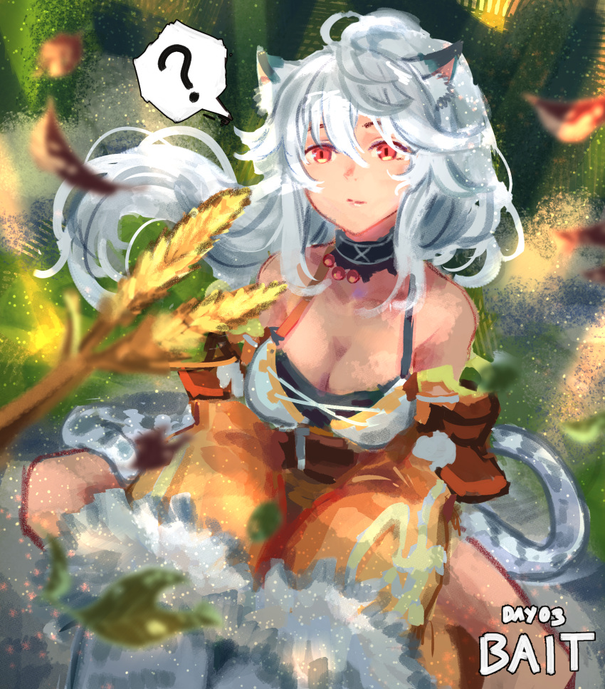 ? animal_ears breasts cat_ears cat_tail cat_teaser cleavage closed_mouth commentary english_commentary female grey_hair highres ladica_(shadowverse) long_sleeves looking_at_viewer medium_breasts ponytail red_eyes runemill shadowverse sitting solo spoken_question_mark tail