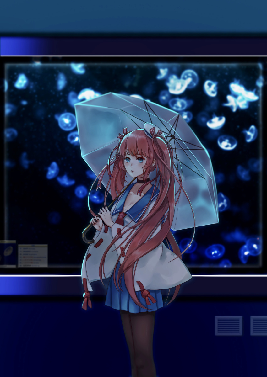 absurdres aquarium blue_eyes bow chinese_commentary choker commentary_request cowboy_shot female grate hairbow highres holding holding_umbrella indoors information_sheet jellyfish label legs long_hair looking_at_viewer n.s.egg pantyhose parted_lips red_hair ribbon-trimmed_sleeves ribbon_trim sailor_collar skirt solo taihou_(warship_girls_r) twintails umbrella very_long_hair warship_girls_r window