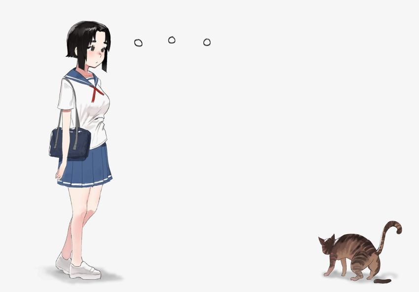 ... animal_focus bag black_hair blue_sailor_collar blue_skirt blush brown_eyes closed_mouth commentary feline female from_side godekasu highres neck_ribbon original pleated_skirt red_ribbon ribbon sailor_collar school_bag school_uniform serafuku shirt shit shoes short_hair short_sleeves shoulder_bag simple_background skirt solo symbol-only_commentary white_background white_footwear white_shirt