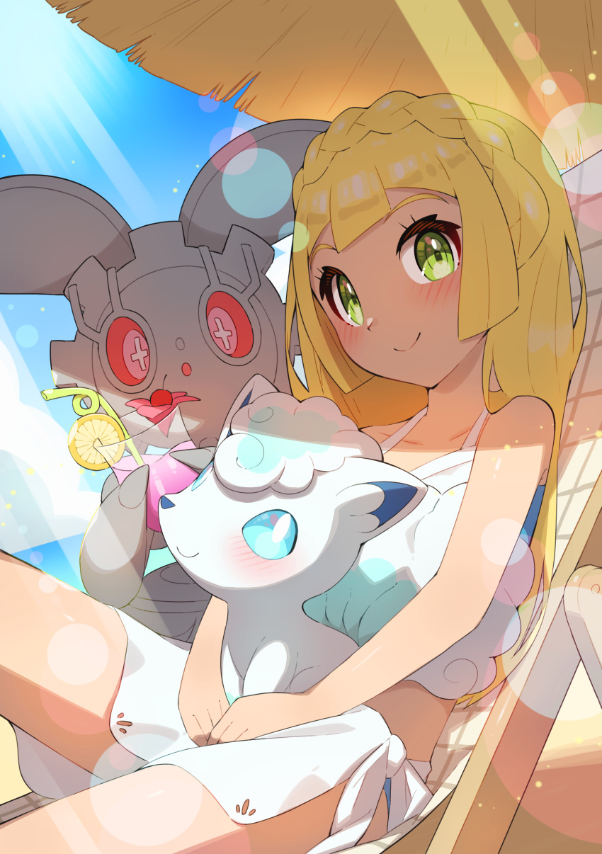 absurdres alolan_vulpix aqua_bikini beach bikini bikini_skirt blonde_hair blush braid closed_mouth cloud commentary_request crown_braid day drinking_straw eyelashes female glass green_eyes highres lens_flare lillie_(pokemon) liquid long_hair looking_at_viewer lying magearna on_back outdoors pokemon pokemon_(anime) pokemon_(creature) pokemon_sm_(anime) sand sky smile swimsuit taisa_(lovemokunae) two-tone_swimsuit water white_bikini