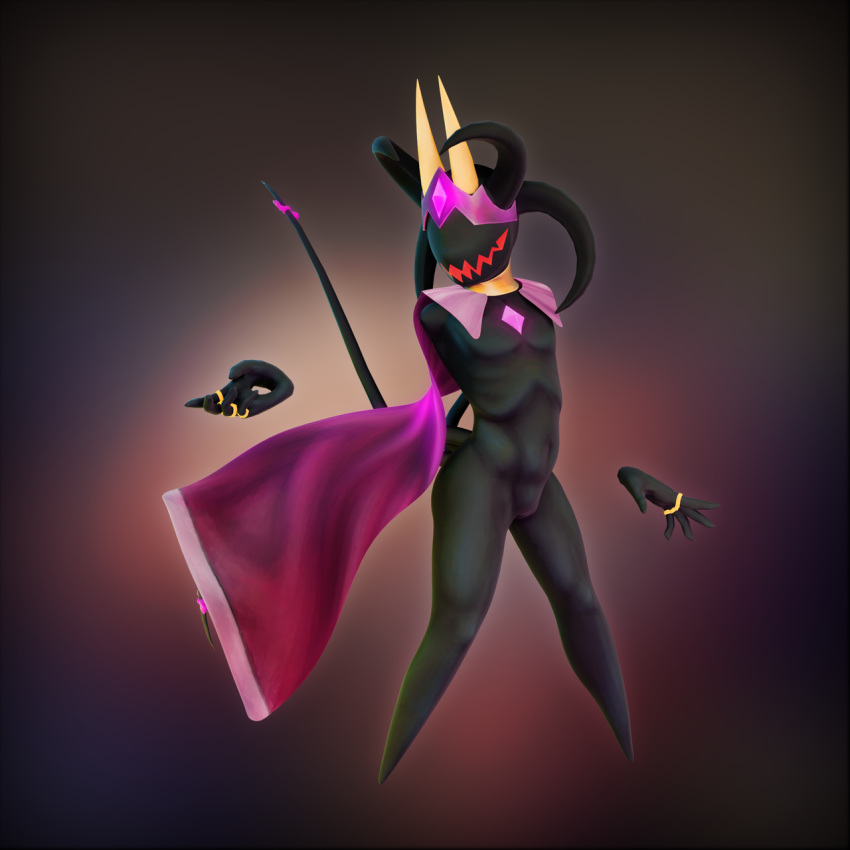 1:1 3d_(artwork) accessory ambiguous_gender black_body bow_(feature) bow_accessory bow_ribbon cape chest_gem clothing crown demon digital_media_(artwork) eyeless floating_hands furgonomics gem glowing glowing_mouth headgear headwear hi_res horn humanoid mostly_nude pose ribbons ring smile solo tail tail_accessory tail_bow tail_ribbon yipkin