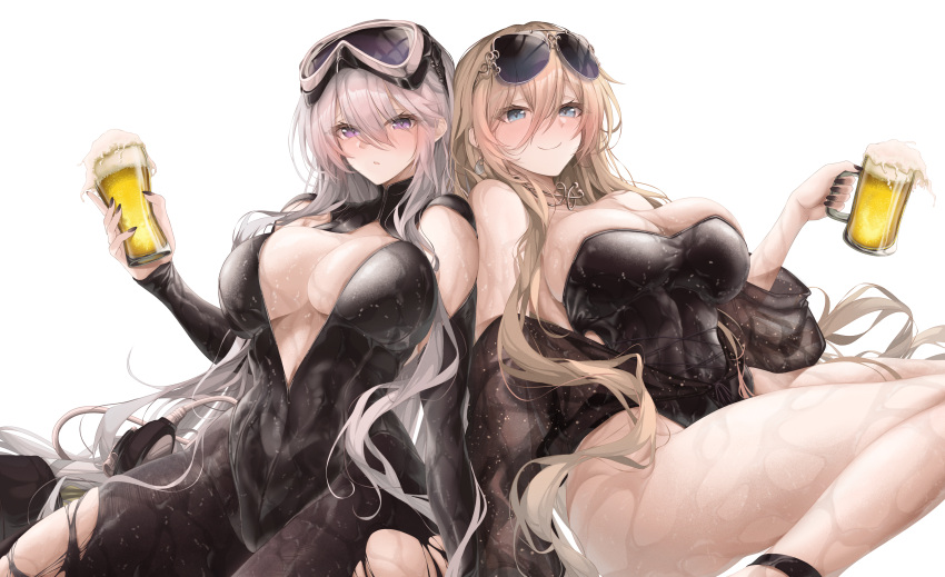 2girls absurdres alcohol armpit_cutout azur_lane beer bismarck_(azur_lane) bismarck_zwei_(azur_lane) bismarck_zwei_(crystal-clear_holiday)_(azur_lane) black_wetsuit blonde_hair blue_eyes bodysuit breasts casual_one-piece_swimsuit clothing_cutout cup diving_mask diving_suit enterprise_(azur_lane) enterprise_(diving_under_blue_skies)_(azur_lane) eyewear_on_head goggles goggles_on_head grey_hair highres holding holding_cup large_breasts long_hair multiple_girls one-piece_swimsuit open_wetsuit pantyhose pantyhose_under_swimsuit purple_eyes ru_251 scuba_gear strapless strapless_one-piece_swimsuit sunglasses swim_goggles swimsuit torn_clothes torn_pantyhose wetsuit white_background