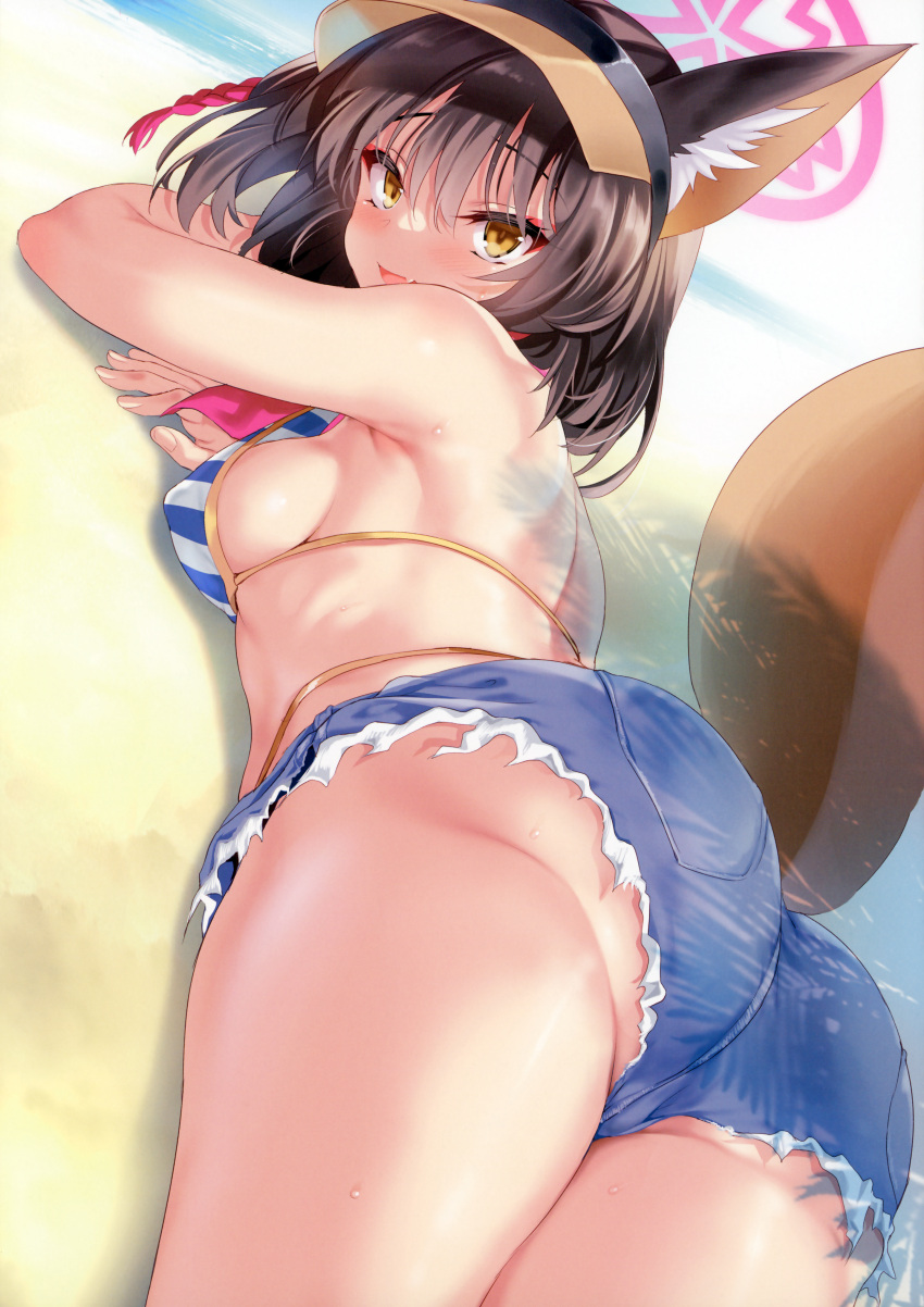 absurdres animal_ears ass bare_shoulders beach bikini bikini_top_only blue_archive blush breasts brown_hair cle_masahiro day female halo highres izuna_(blue_archive) izuna_(swimsuit)_(blue_archive) looking_at_viewer looking_back medium_breasts ocean oerba_yun_fang open_mouth outdoors pink_halo sand scan shadow shiny_skin short_hair short_shorts shorts skin_fang smile solo striped sweat sweatdrop swimsuit tail thighs visor_cap water