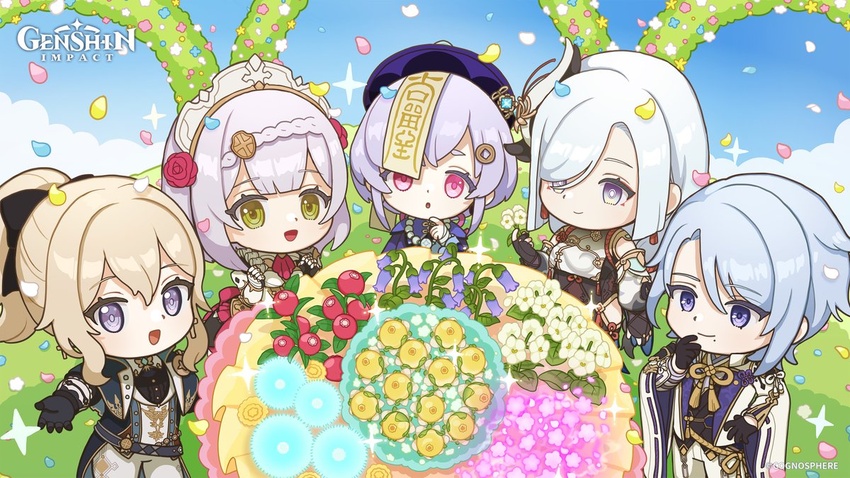 1boy 4girls armor armored_dress bead_necklace beads berry black_bodysuit bodysuit bow braid cherry_blossoms chibi closed_mouth cloud coin_hair_ornament dandelion day detached_sleeves dress english_commentary flower food gauntlets genshin_impact gloves hair_ornament hairbow hand_on_own_hip japanese_clothes jean_(genshin_impact) jean_(gunnhildr's_legacy)_(genshin_impact) jewelry kamisato_ayato logo long_hair mole mole_under_mouth multiple_girls necklace noelle_(genshin_impact) official_art ofuda outdoors petals pink_flower ponytail purple_flower qingxin_flower qiqi_(genshin_impact) red_flower red_rose rose second-party_source shenhe_(genshin_impact) short_hair sky sweet_flower valberry_(genshin_impact) violetgrass vision_(genshin_impact) white_flower wide_sleeves