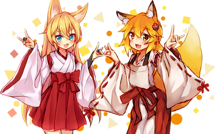 2girls animal_ear_fluff animal_ears arm_up blonde_hair blue_eyes character_request commentary_request copyright_request crossover double_fox_shadow_puppet fox_ears fox_girl fox_shadow_puppet fox_shadow_puppet_kiss fox_tail hair_ornament hakama hakama_short_skirt hakama_skirt japanese_clothes kida_kuro_mu long_hair miko multiple_girls oerba_yun_fang open_mouth senko_(sewayaki_kitsune_no_senko-san) sewayaki_kitsune_no_senko-san shadow_puppet shirt short_hair skirt smile tail white_shirt yellow_eyes