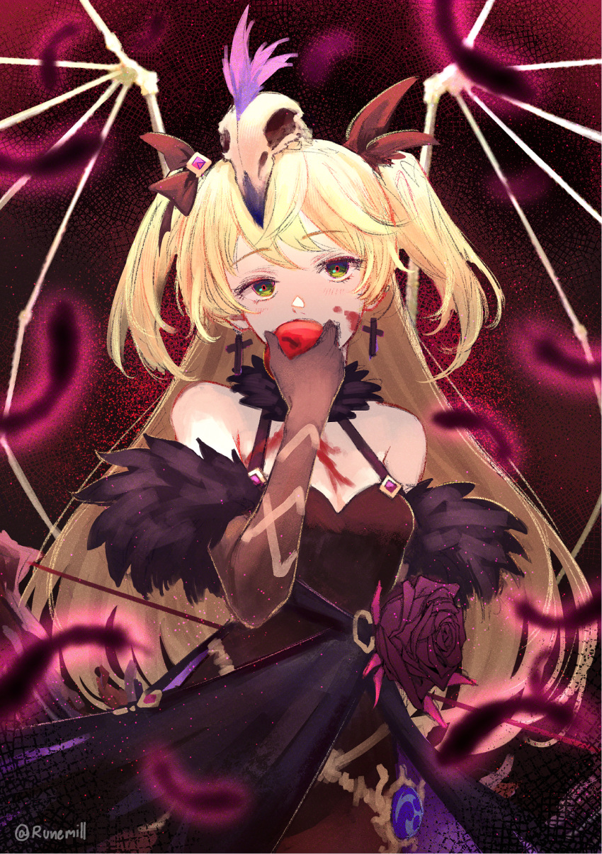 adapted_costume apple black_gloves blonde_hair bone cross earrings feather_trim female fischl_(genshin_impact) flower food fruit genshin_impact gloves green_eyes hair_ornament highres jewelry long_hair oz_(genshin_impact) rose runemill skull skull_hair_ornament solo two_side_up