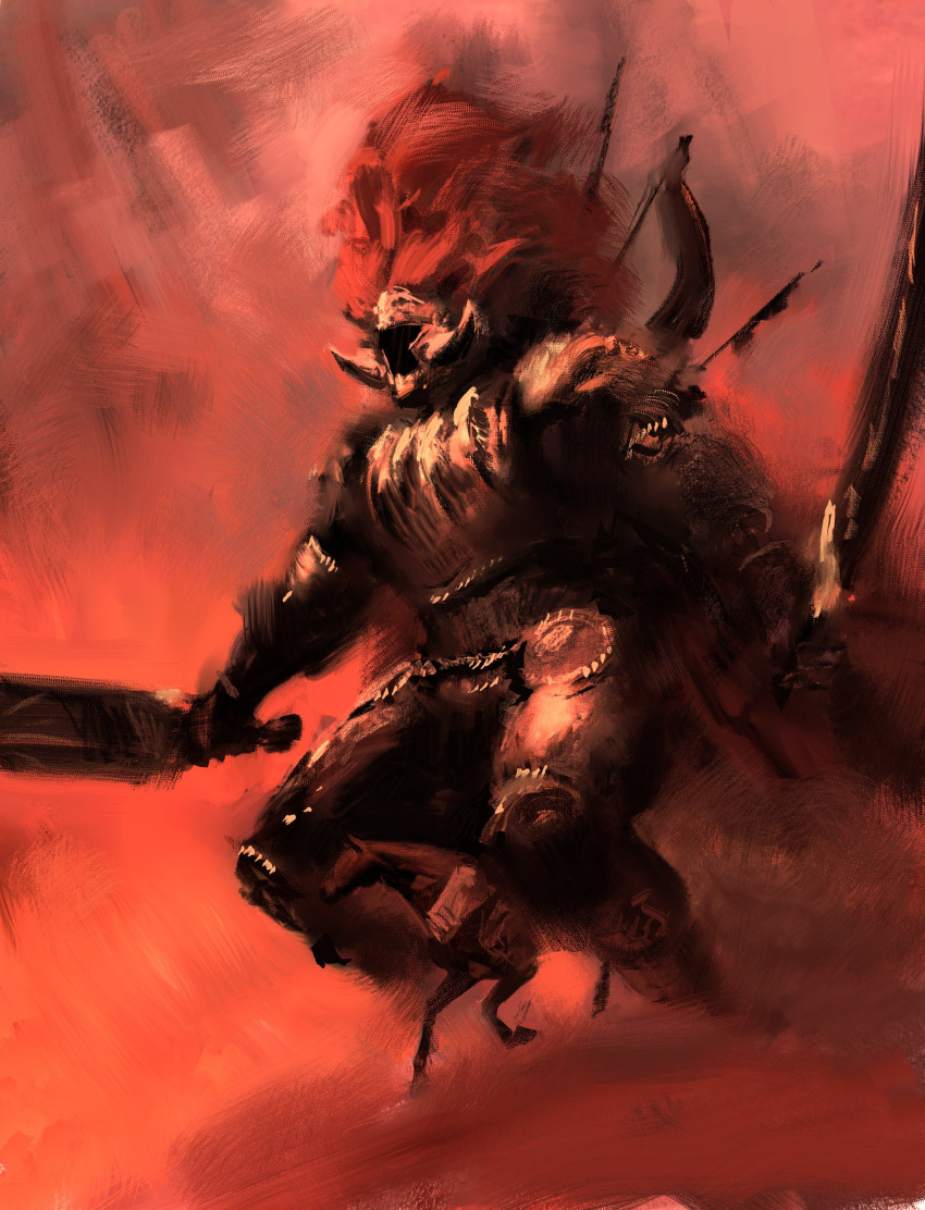 1boy absurdres armor dual_wielding elden_ring espen_olsen_saetervik fake_horns full_armor giant giant_male helmet highres holding holding_sword holding_weapon horned_helmet horns horse horseback_riding leonard_(elden_ring) male_focus red_hair red_theme riding solo starscourge_radahn sword weapon