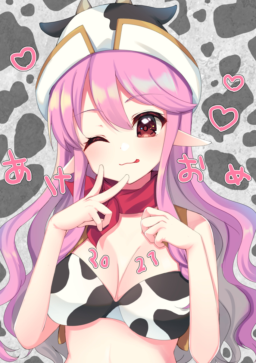 2021 absurdres animal_ears animal_print bare_arms bare_shoulders bikini breasts chinese_zodiac cleavage commentary_request cow_ears cow_hat cow_horns cow_print etotama fake_animal_ears fake_horns female hands_up highres horns long_hair medium_breasts moo-tan one_eye_closed pink_hair print_bikini solo suzu_(minagi) swimsuit upper_body v very_long_hair white_bikini white_headwear year_of_the_ox