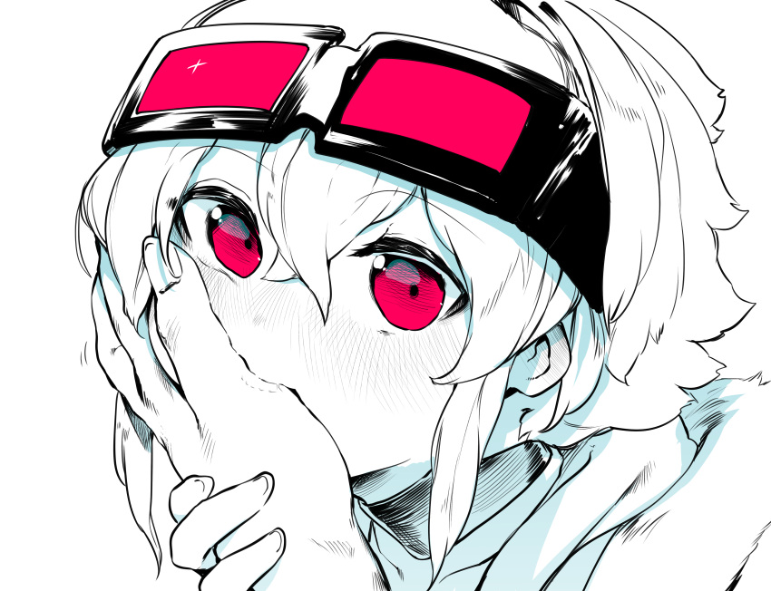 absurdres biting biting_another's_hand choker crossed_bangs eye_focus female fingernails goggles goggles_on_head hair_between_eyes highres looking_at_viewer medium_hair niwamaru_(niwarhythm) niwarhythm original pov pov_hands spot_color