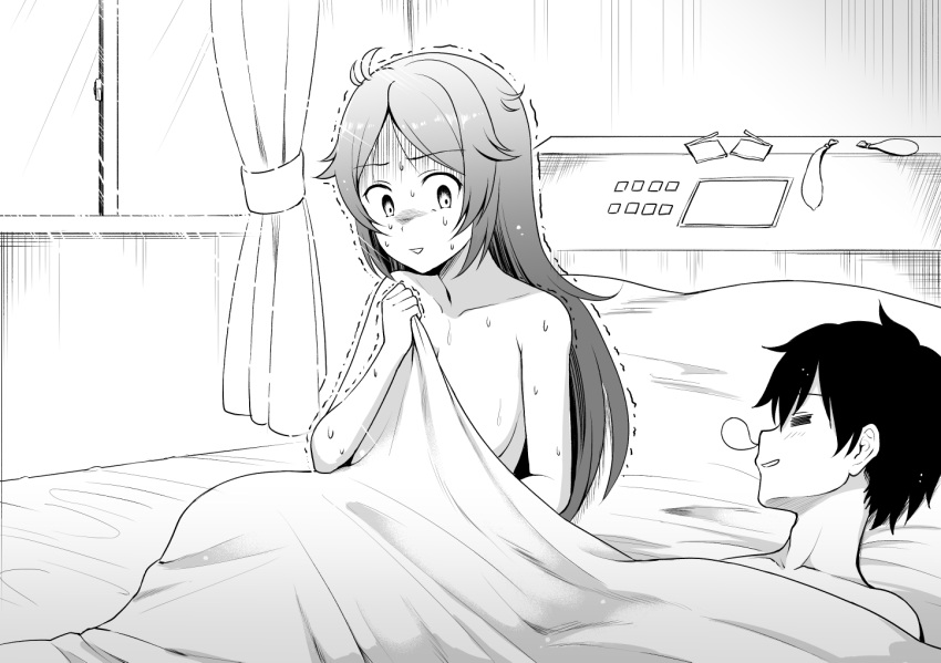 1boy bed blanket commentary_request condom condom_wrapper female greyscale hangover indoors long_hair monochrome nervous nervous_sweating nose_bubble nude on_bed princess_connect! sleeping sleeping_bag smile straight sweat trembling used_condom very_sweaty waking_up window yue_(show-ei) yukari_(princess_connect!) yukari_(real)_(princess_connect!) yuuki_(princess_connect!)