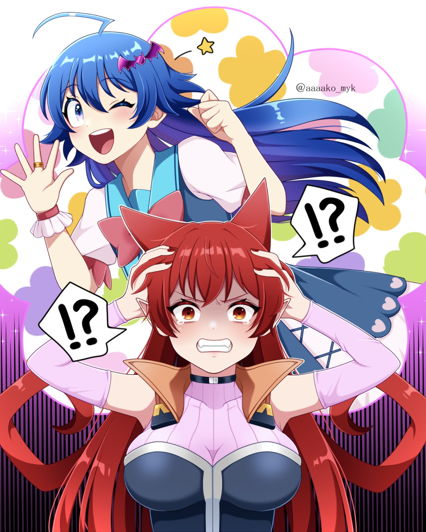 ! !? 1boy ? @_@ ahoge azazel_ameri bat_hair_ornament blue_dress blue_eyes blue_hair breasts clenched_teeth commentary_request crossdressing curly_hair demon_girl detached_sleeves dress female hair_horns hair_ornament hands_on_own_head highres jewelry large_breasts mairimashita!_iruma-kun one_eye_closed orange_eyes pink_sleeves pointy_ears red_hair ring speech_bubble spoken_exclamation_mark spoken_question_mark suzuki_iruma tears teeth tibi09