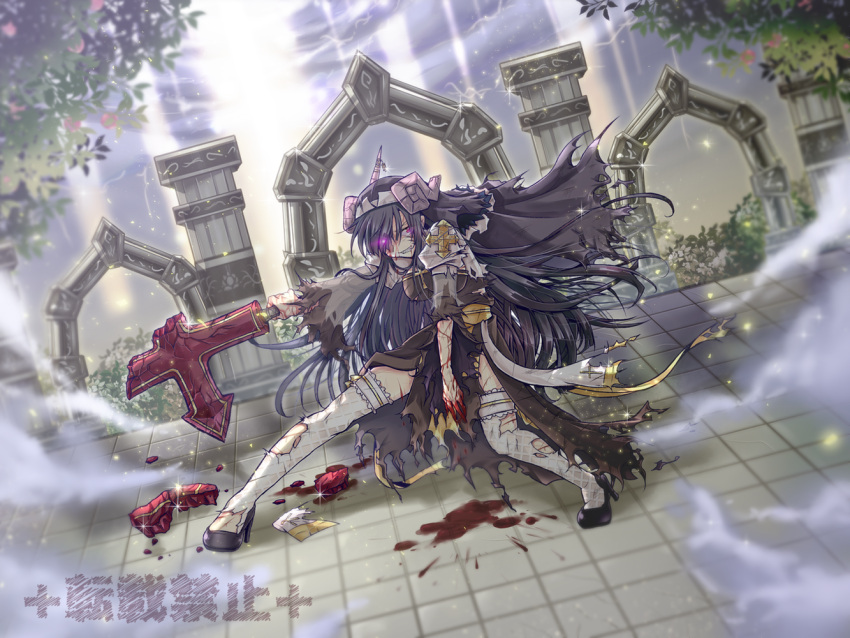 arch_bishop_(ragnarok_online) black_dress black_hair blood blood_on_arm blood_splatter breasts broken bush commentary_request crack cross dress dust_cloud dutch_angle female frilled_thighhighs frills full_body glowing glowing_eyes grin hair_over_one_eye holding holding_cross holding_weapon juliet_sleeves large_cross light_rays long_hair long_sleeves looking_at_viewer medium_breasts pink_eyes puffy_sleeves ragnarok_online ruins sash shiny_skin smile solo sunbeam sunlight tanono thighhighs torn_clothes torn_dress torn_sleeves torn_thighhighs tree two-tone_dress very_long_hair weapon white_dress white_thighhighs yellow_sash