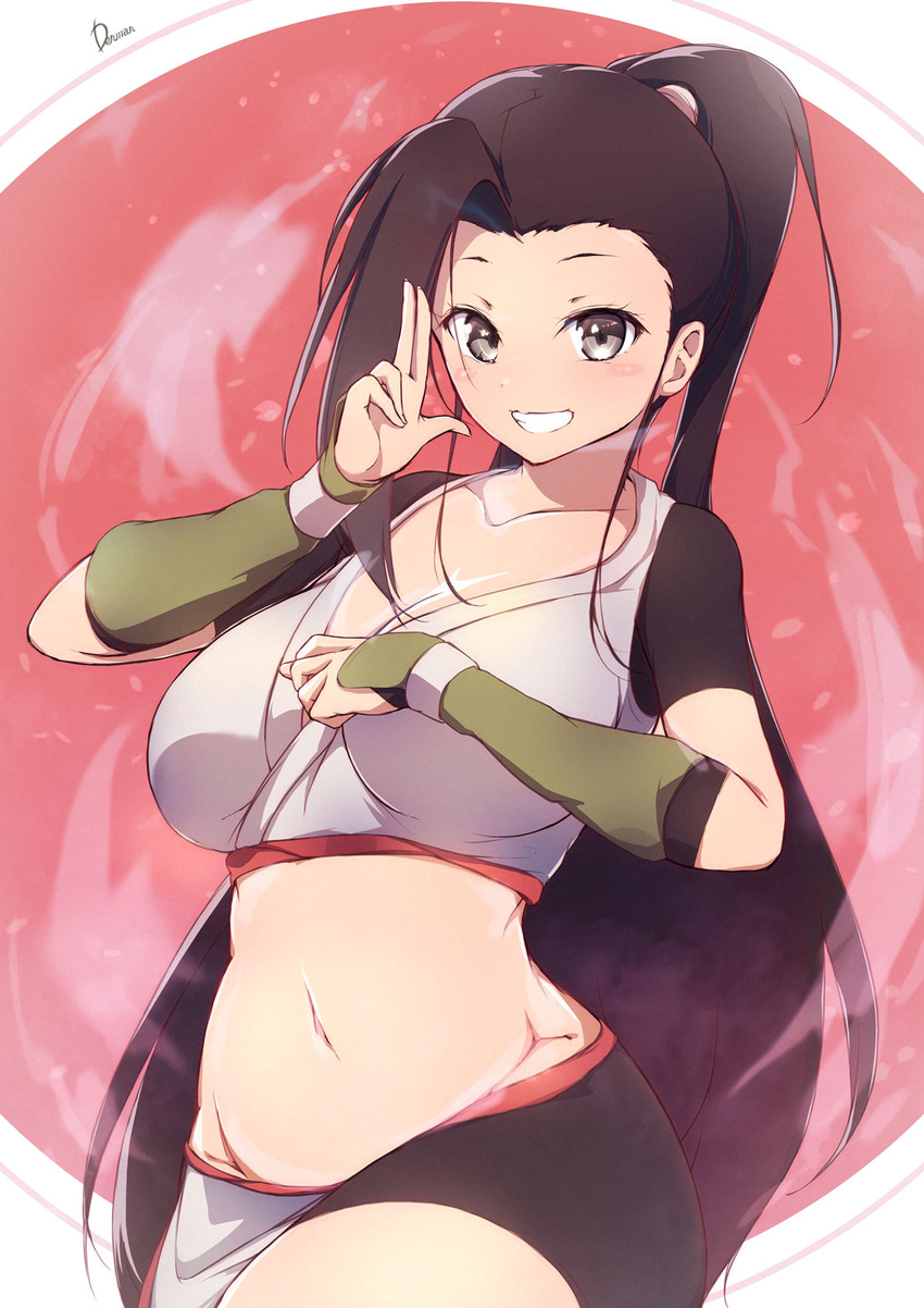 aged_up black_hair black_shorts breasts brown_eyes cleavage commentary_request crop_top dermar female fingerless_gloves gloves green_gloves high_ponytail highres kunoichi_tsubaki_no_mune_no_uchi large_breasts long_hair md5_mismatch midriff navel ninja pelvic_curtain short_sleeves shorts solo tsubaki_(kunoichi_tsubaki_no_mune_no_uchi)