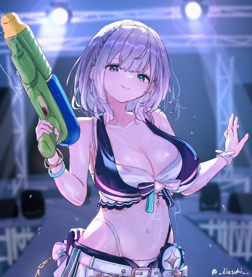 bikini blue_shorts breasts cleavage die_suki female green_eyes grey_hair highleg highleg_bikini highres holding holding_water_gun hololive hololive_summer_2023_swimsuit large_breasts looking_at_viewer medium_hair navel open_fly shirogane_noel shorts solo stage striped_bikini striped_clothes swimsuit virtual_youtuber water_gun white_bikini