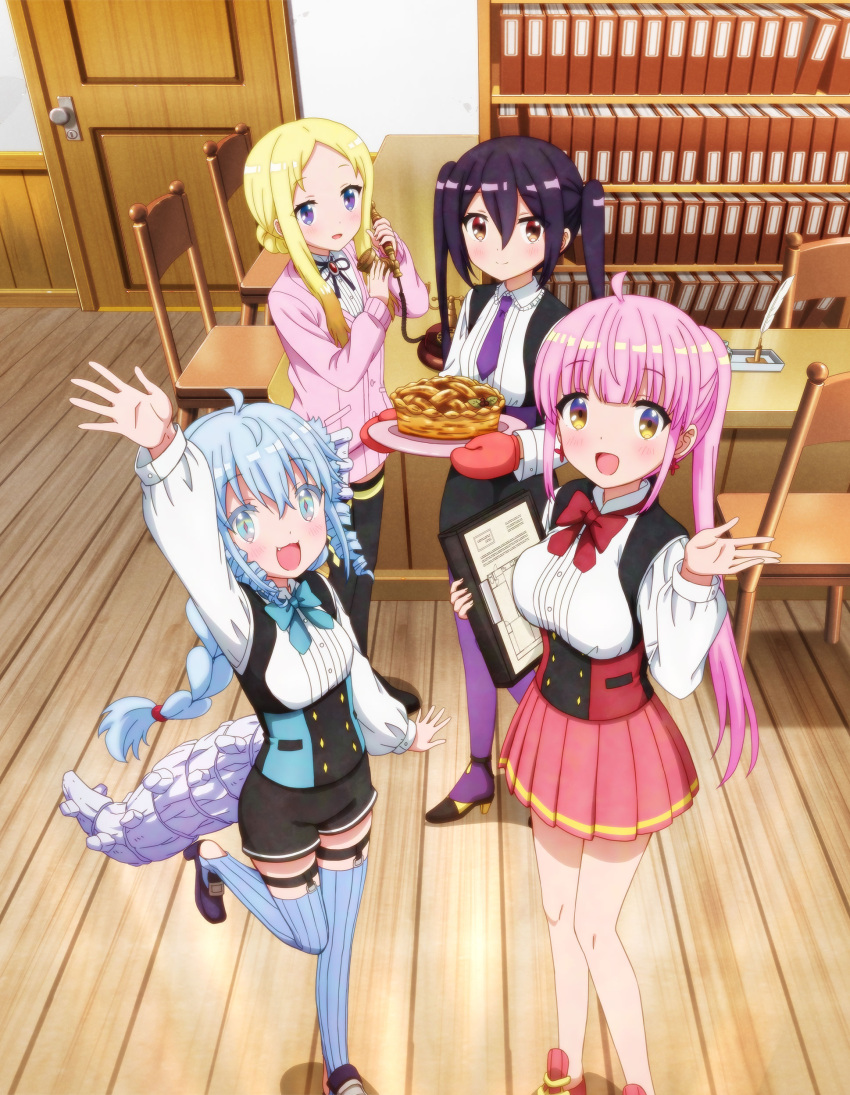 absurdres ahoge arm_up black_ribbon black_shorts blouse blue_eyes blue_hair blue_thighhighs blush bow bowtie brown_eyes fa_(rpg_fudousan) feet_out_of_frame food high_heels highres holding holding_food kazairo_kotone key_visual miniskirt mittens multiple_girls neck_ribbon necktie oerba_yun_fang official_art parted_bangs pie pink_mittens pink_skirt pleated_skirt promotional_art purple_eyes purple_hair purple_necktie rakira_(rpg_fudousan) red_bow red_bowtie ribbed_legwear ribbed_thighhighs ribbon rpg_fudousan rufuria_(rpg_fudousan) shirt shorts sidelocks skirt smile thighhighs twintails white_shirt