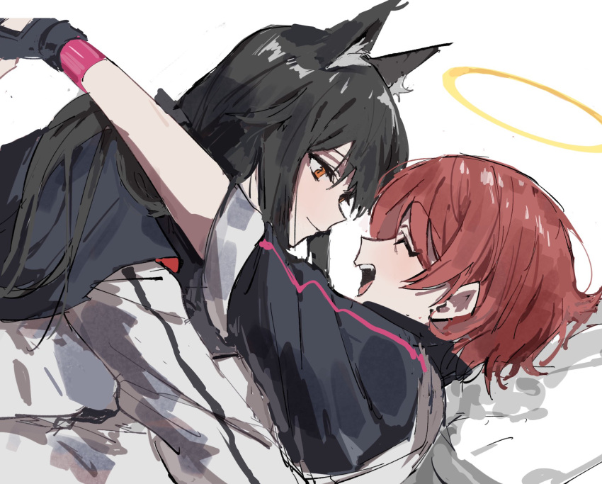 2girls animal_ears arknights black_gloves black_hair blush brown_eyes closed_eyes commentary_request exusiai_(arknights) face-to-face facing_another from_side gloves halo highres long_hair looking_at_another multiple_girls na_tarapisu153 open_mouth red_hair short_hair smile texas_(arknights) upper_body white_background wolf_ears yuri