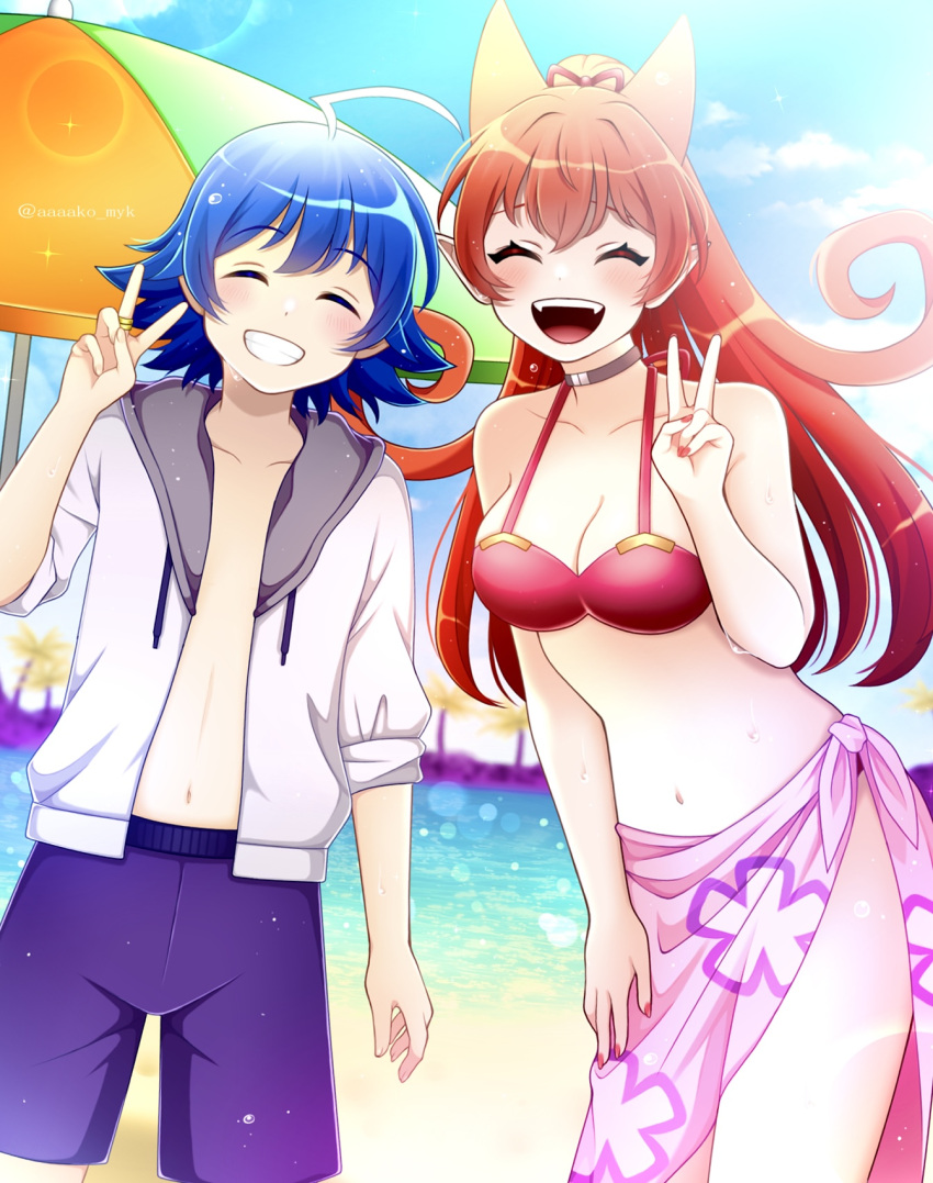 1boy :d ahoge alternate_height azazel_ameri bare_shoulders beach beach_umbrella bikini black_choker blue_hair blue_sky breasts choker cleavage closed_eyes collarbone commentary_request curly_hair day demon_girl female hair_horns highres jacket jewelry large_breasts mairimashita!_iruma-kun male_swimwear midriff navel ocean open_clothes open_jacket open_mouth outdoors pink_sarong pointy_ears ponytail red_bikini red_hair ring sky smile suzuki_iruma swim_trunks swimsuit tibi09 twitter_username umbrella v