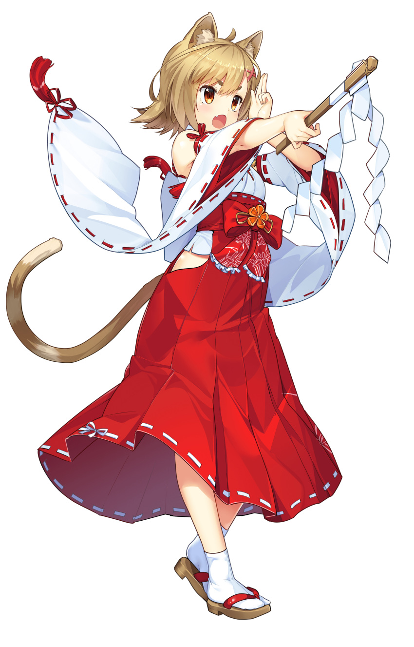 absurdres akasaai animal_ears ayame_(nekomiko) cat_ears cat_tail detached_sleeves female full_body gohei hair_ornament hakama hakama_short_skirt hakama_skirt highres hip_vent holding japanese_clothes light_brown_hair miko nekomiko oerba_yun_fang official_art open_mouth orange_eyes red_hakama ribbon-trimmed_skirt ribbon-trimmed_sleeves ribbon_trim sandals short_hair simple_background skirt solo tabi tail white_background wide_sleeves x_hair_ornament zouri