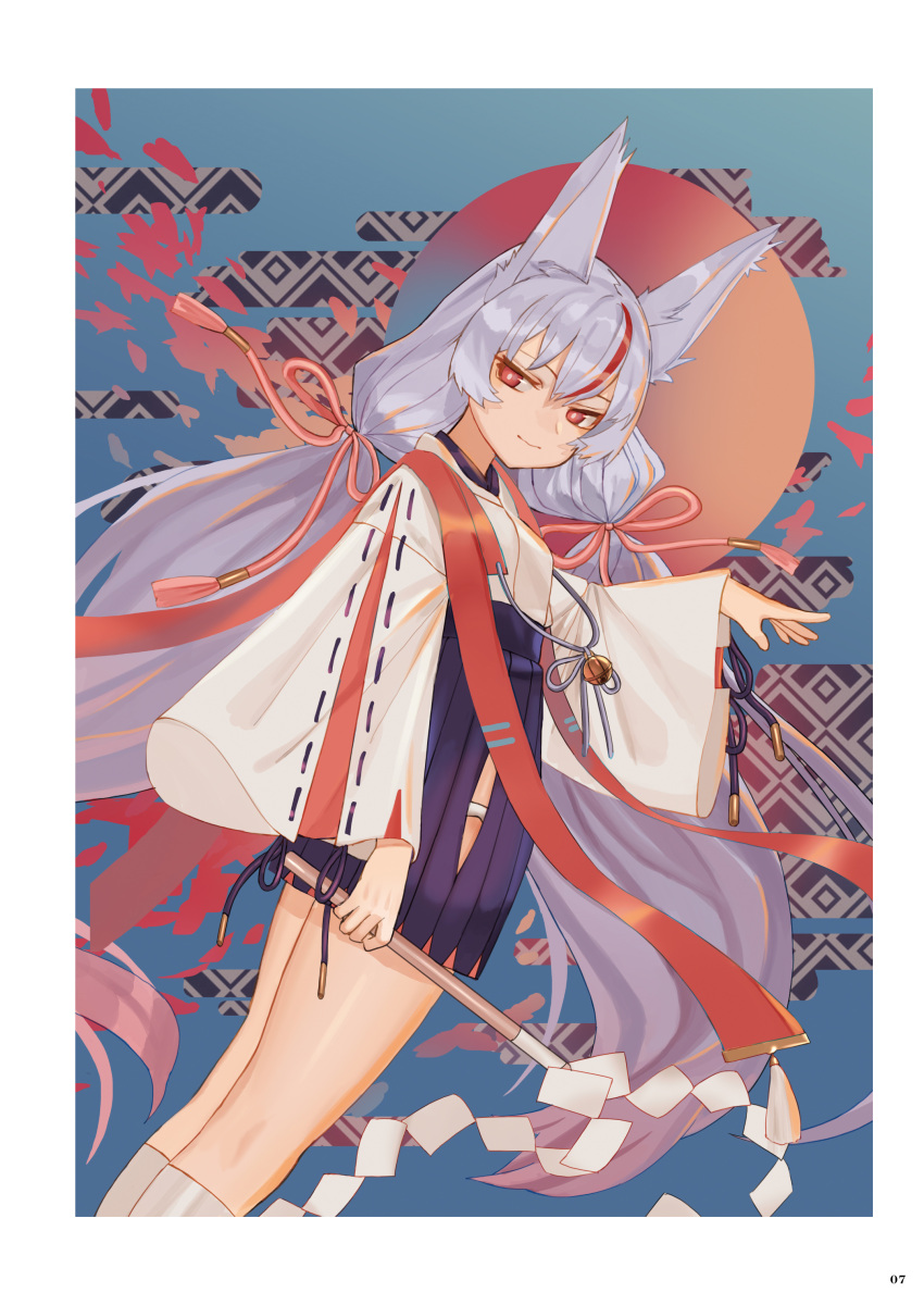 absurdres animal_ears azur_lane border closed_mouth dutch_angle feet_out_of_frame female fox_ears gohei gradient_hair grey_hair grey_socks hair_ribbon hakama hakama_short_skirt hakama_skirt hand_up high-waist_skirt highres holding japanese_clothes kamikaze_(azur_lane) long_hair long_sleeves looking_at_viewer low_twintails luicent multicolored_hair red_eyes red_ribbon ribbon skirt smile socks solo streaked_hair twintails very_long_hair white_border wide_sleeves