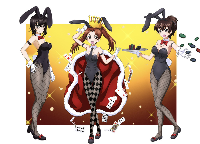 3girls animal_ears black_hair black_leotard black_necktie blush bow bowtie breasts brown_eyes brown_hair brown_pantyhose card cleavage closed_mouth covered_navel crown fake_animal_ears fake_tail fishnet_pantyhose fishnets girls_und_panzer gloves highres kadotani_anzu kawashima_momo key_(gaigaigai123) koyama_yuzu large_breasts leotard long_hair looking_at_viewer monocle multiple_girls necktie open_mouth pantyhose playboy_bunny playing_card ponytail rabbit_ears rabbit_tail red_bow red_bowtie short_hair small_breasts smile standing tail twintails white_gloves