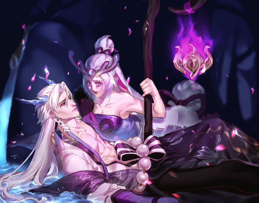 1boy abs black_pants blue_eyes breasts centaur collarbone ddlggoddadda falling_petals female fire hair_between_eyes highres horns league_of_legends lillia_(league_of_legends) lips long_hair medium_breasts monster_girl muscular muscular_male pants petals pink_eyes ponytail purple_shirt shirt spirit_blossom_lillia spirit_blossom_yone staff strapless strapless_shirt tassel taur very_long_hair water white_hair yone_(league_of_legends)