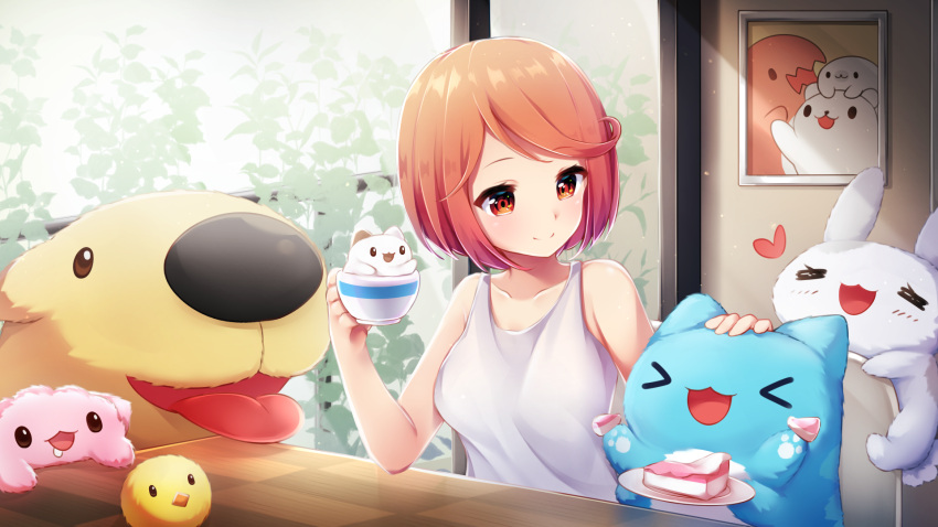 >_< :d bare_shoulders bugcat cake cake_slice canine chinese_commentary cup female food framed furball headpat heart highres holding holding_cup open_mouth original parted_bangs parted_lips paw_print plant portrait rabbit red_eyes red_hair saliva shirt short_hair smile solo tank_top teacup tongue tongue_out umou_(may65879) upper_body white_shirt xd