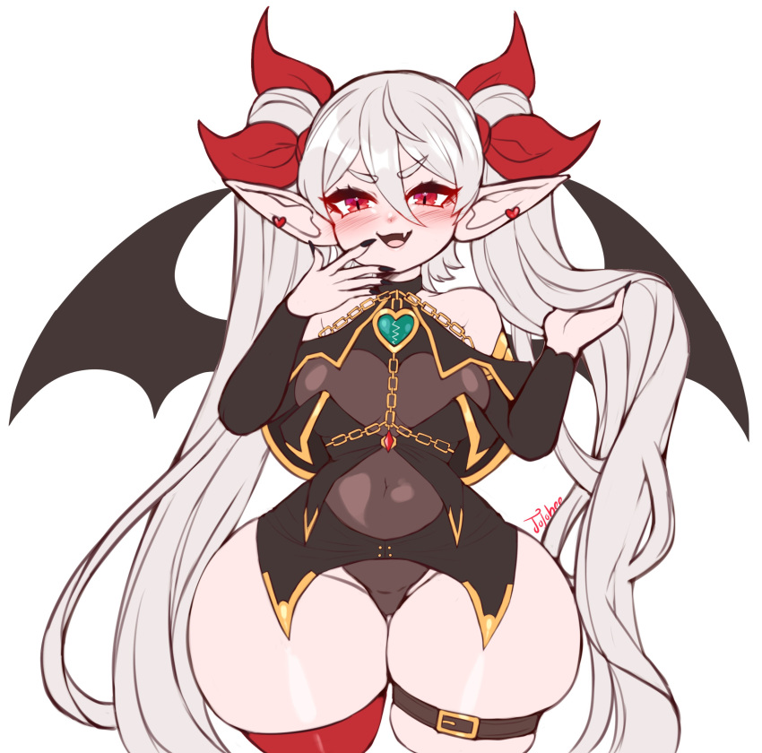 absurdres bare_shoulders bat_wings black_nails bow breasts covered_navel curvy demon_girl demon_girl_(steedoj) demon_wings earrings female hairbow heart heart_earrings highres jewelry jojobee large_breasts long_hair long_sleeves looking_at_viewer oerba_yun_fang open_mouth original pointy_ears red_bow red_eyes slit_pupils smile solo thick_thighs thighhighs thighs twintails very_long_hair white_hair wide_hips wings