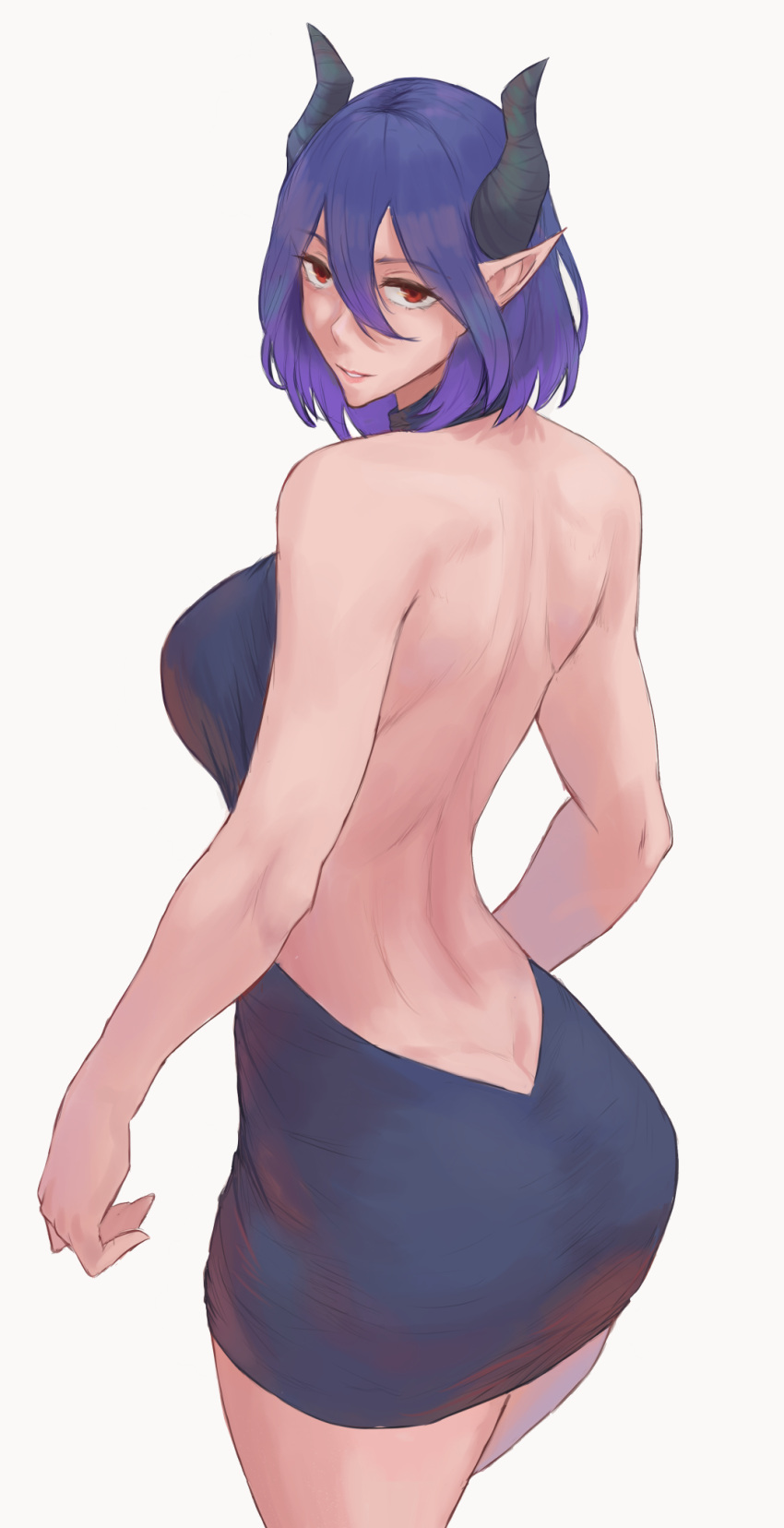 ass back backless_outfit bare_back bare_shoulders blue_dress breasts butt_crack demon_girl demon_horns dress feet_out_of_frame female from_side highres horns kinsou_no_vermeil large_breasts looking_to_the_side medium_hair meme_attire mikame_v2 open_mouth parted_lips pointy_ears purple_hair red_eyes sideboob smile solo standing vermeil_(kinsou_no_vermeil) virgin_killer_sweater white_background