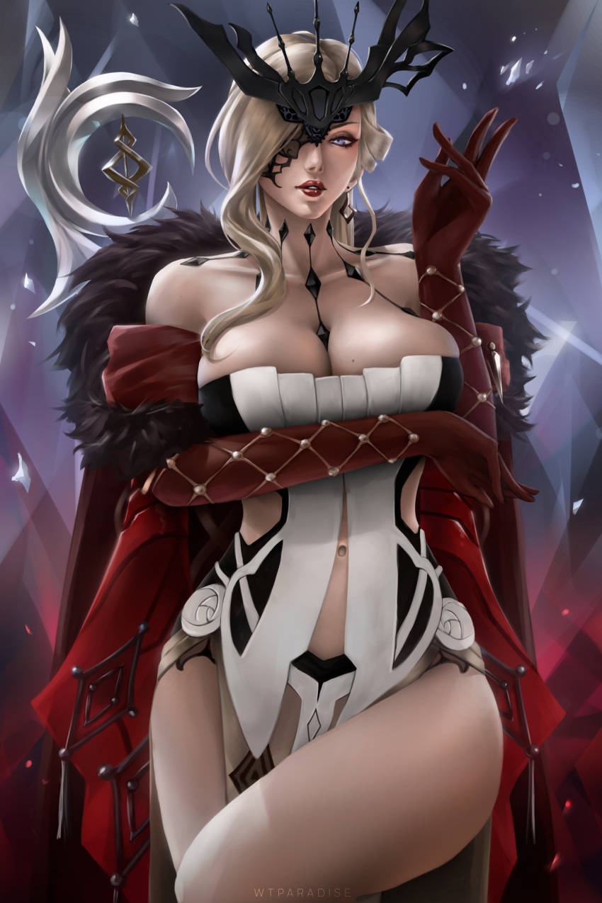 arm_under_breasts bare_shoulders black_mask blonde_hair breasts cleavage coat dangle_earrings earrings female fishnet_gloves fishnets fur-trimmed_coat fur_trim genshin_impact gloves half_mask headpiece highres jewelry lace-trimmed_eyepatch large_breasts mask mask_over_one_eye mole mole_on_breast mole_on_shoulder navel one_eye_covered red_gloves signora_(genshin_impact) solo thick_thighs thighs wtparadise