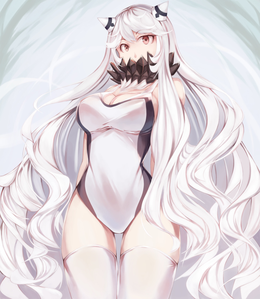 absurdres abyssal_ship alternate_costume beisaku_bei breasts cleavage competition_swimsuit female gradient_background hair_between_eyes highres horns kantai_collection large_breasts long_hair looking_at_viewer midway_princess one-piece_swimsuit pale_skin photoshop_(medium) red_eyes solo swimsuit thighhighs two-tone_swimsuit very_long_hair white_hair white_thighhighs