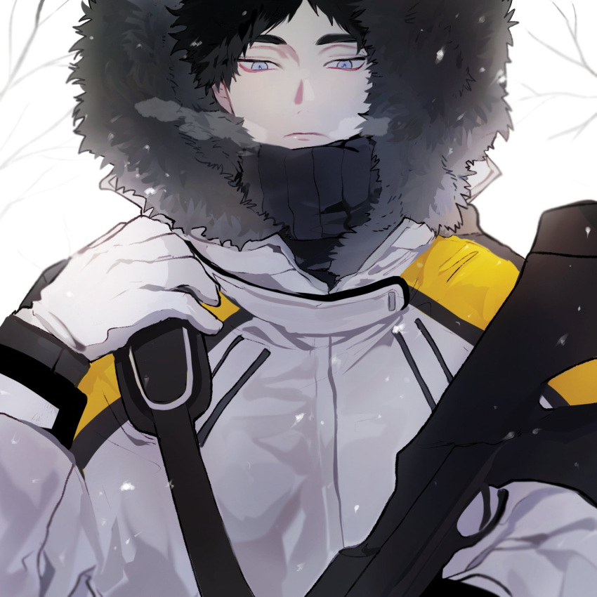 1boy akaashi_keiji black_hair blue_eyes breath coat fur_trim gloves gun haikyuu!! highres holding holding_gun holding_weapon hood hood_up korean_commentary looking_at_viewer male_focus mgmg_1012 outdoors short_hair solo weapon winter winter_clothes winter_coat