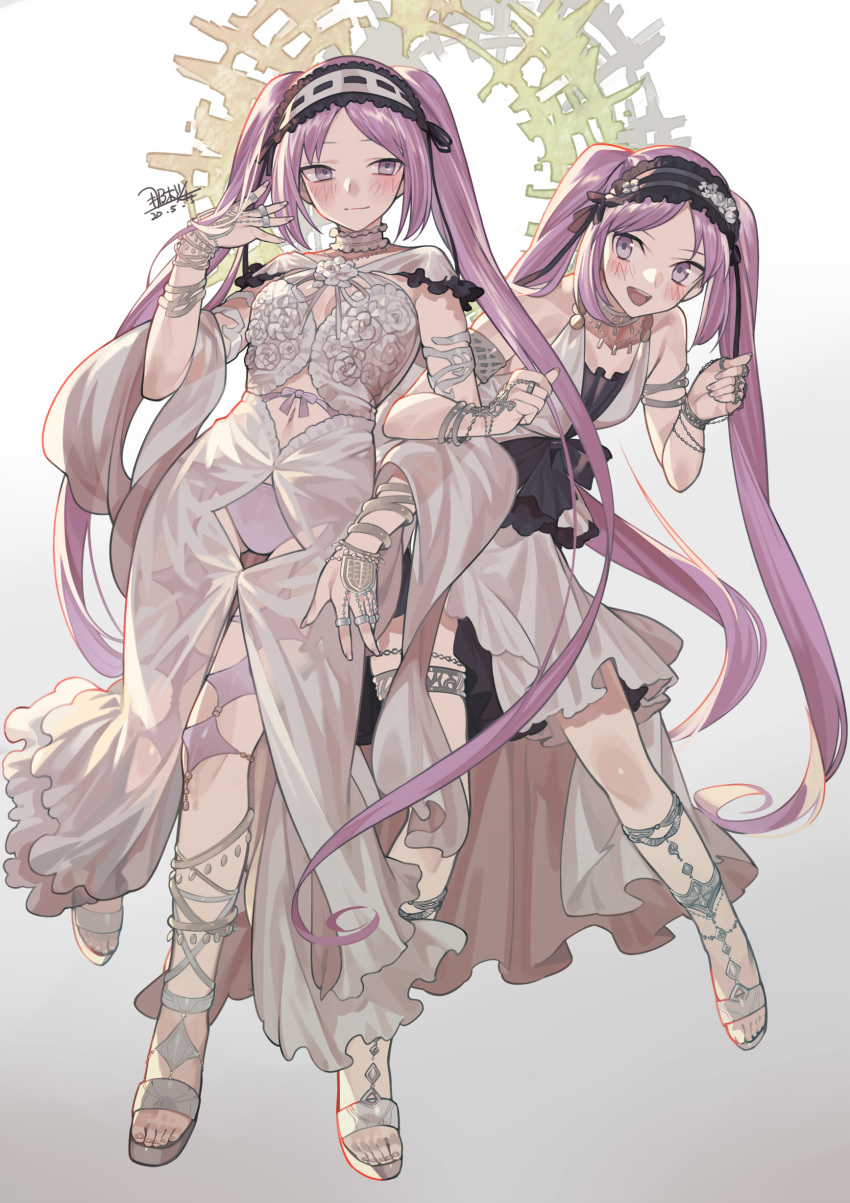 2girls absurdres clothing_cutout dated dress euryale_(fate) euryale_(third_ascension)_(fate) fate/grand_order fate/hollow_ataraxia fate_(series) frilled_hairband frills hairband halo highres jewelry locked_arms md5_mismatch multiple_girls nao_(syn_eaa) navel navel_cutout panties purple_eyes purple_hair resolution_mismatch sandals siblings signature sisters smile source_larger stheno_(fate) stheno_(third_ascension)_(fate) thumb_ring twintails underwear