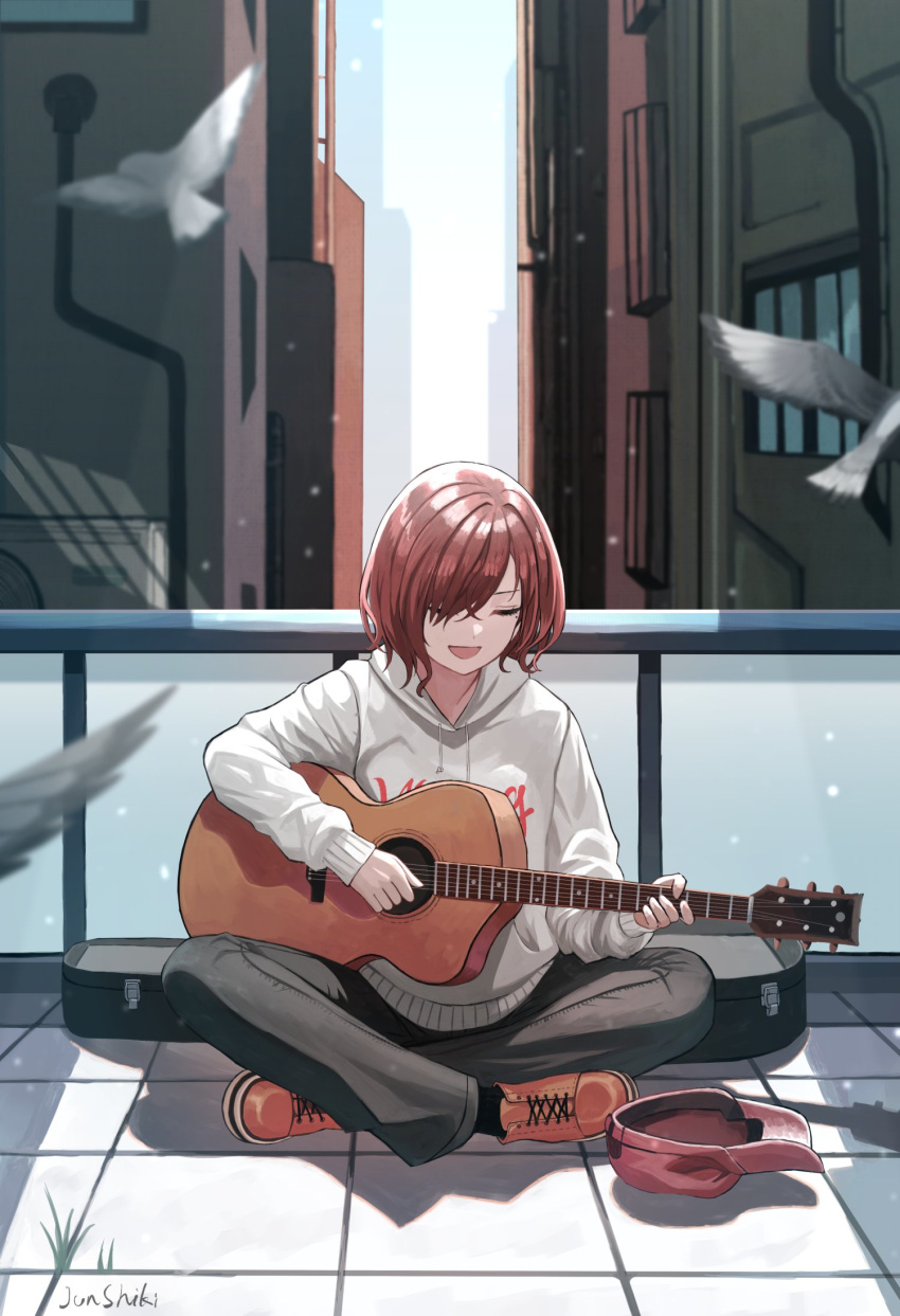 acoustic_guitar baseball_cap bird black_pants building busking closed_eyes day drawstring female full_body grey_hoodie guitar guitar_case hair_over_one_eye hat highres higuchi_madoka hood hood_down hoodie idolmaster idolmaster_shiny_colors instrument instrument_case junshiki long_sleeves mole mole_under_mouth music on_floor open_mouth orange_footwear outdoors pants playing_instrument railing red_hair red_hat shoes short_hair signature singing sitting solo sunlight tile_floor tiles unworn_hat unworn_headwear