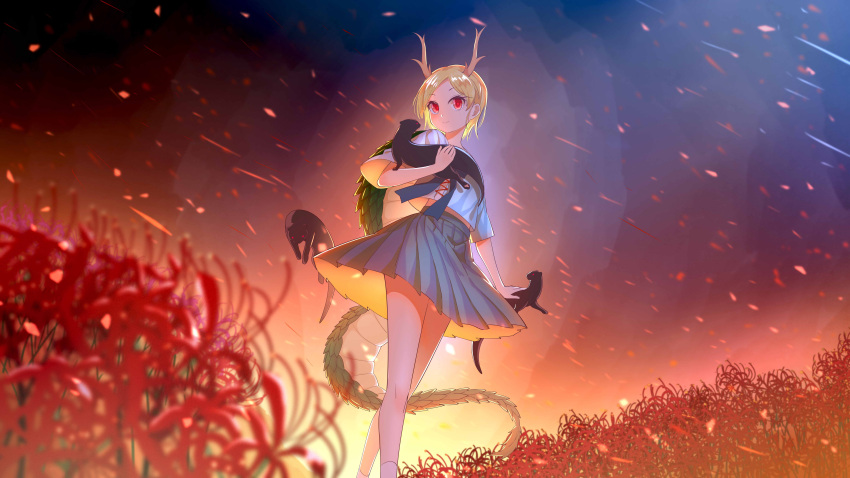 absurdres animal antlers blonde_hair blue_shirt blue_skirt chinese_commentary closed_mouth commentary dragon_girl feet_out_of_frame female flower highres holding holding_animal horns jiege kicchou_yachie looking_at_viewer otter outdoors parted_bangs red_eyes red_flower shirt short_hair skirt smile solo spider_lily standing tail touhou turtle_shell