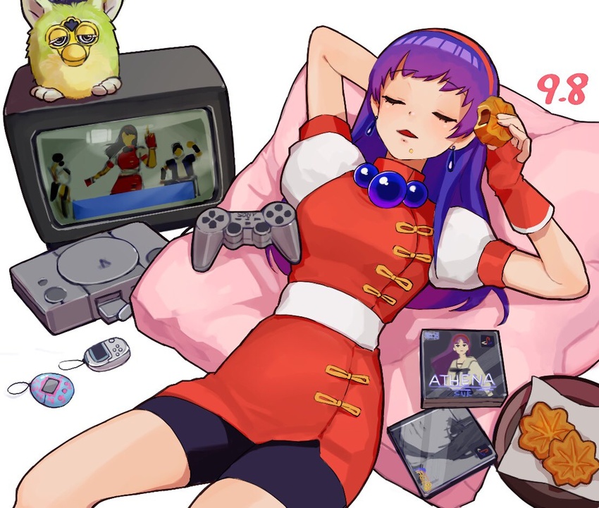 arm_behind_head arm_up asamiya_athena blush breasts cd_case chin_gentsai closed_eyes controller crt cushion dated dualshock earrings female fingerless_gloves food furby game_console game_controller gamepad gloves hair_ornament hairband hand_up holding holding_food jewelry kusanagi_kyou long_hair lying on_back oni_gini parted_lips playstation_1 playstation_controller pocketstation psycho_soldier purple_hair red_gloves red_hairband sie_kensou simple_background skirt sleeping smile solo star_(symbol) star_hair_ornament tamagotchi tamagotchi_(virtual_pet) television the_king_of_fighters the_king_of_fighters_'98 toy