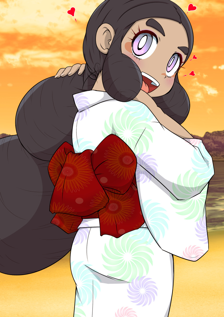 absurdres alternate_costume aor_saiun back_bow black_hair blush bow bright_pupils cloud commentary_request cowboy_shot dark-skinned_female dark_skin female forehead from_behind hands_up happy hapu_(pokemon) heart highres japanese_clothes kimono light_blush long_hair long_sleeves looking_at_viewer looking_back nape open_mouth orange_background orange_sky outdoors partial_commentary pokemon pokemon_sm purple_eyes red_bow sidelocks sky smile solo standing sunset teeth textless_version tongue white_kimono white_pupils wide_sleeves