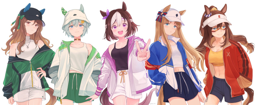 5girls absurdres alternate_costume animal_ears arm_at_side bare_shoulders baseball_cap black_shirt black_shorts blue_eyes blue_jacket blush bow breasts brown_choker brown_eyes brown_hair bucket_hat camisole choker cleavage collarbone commentary cowboy_shot crop_top domino_mask ear_bow ear_covers ears_through_headwear el_condor_pasa_(umamusume) flower golden_generation_(umamusume) grass_wonder_(umamusume) green_jacket green_shorts hair_flower hair_ornament hairclip hand_in_pocket hands_in_pockets hat highres horse_ears horse_girl horse_tail jacket jewelry king_halo_(umamusume) light_green_hair long_hair long_sleeves looking_at_viewer maid_headdress mask medium_breasts midriff multicolored_hair multiple_girls navel necklace off_shoulder open_clothes open_jacket open_mouth outstretched_arm parted_lips ponytail puffy_long_sleeves puffy_sleeves purple_eyes reaching reaching_towards_viewer rio_(rio_067) scrunchie seiun_sky_(umamusume) shirt short_hair shorts simple_background single_bare_shoulder single_ear_cover small_breasts smile special_week_(umamusume) sunflower sunflower_hair_ornament sweatband symbol-only_commentary tail tank_top twitter_username two-tone_hair umamusume v visor_cap wavy_hair white_background white_camisole white_headwear white_jacket white_shirt white_shorts zipper_pull_tab