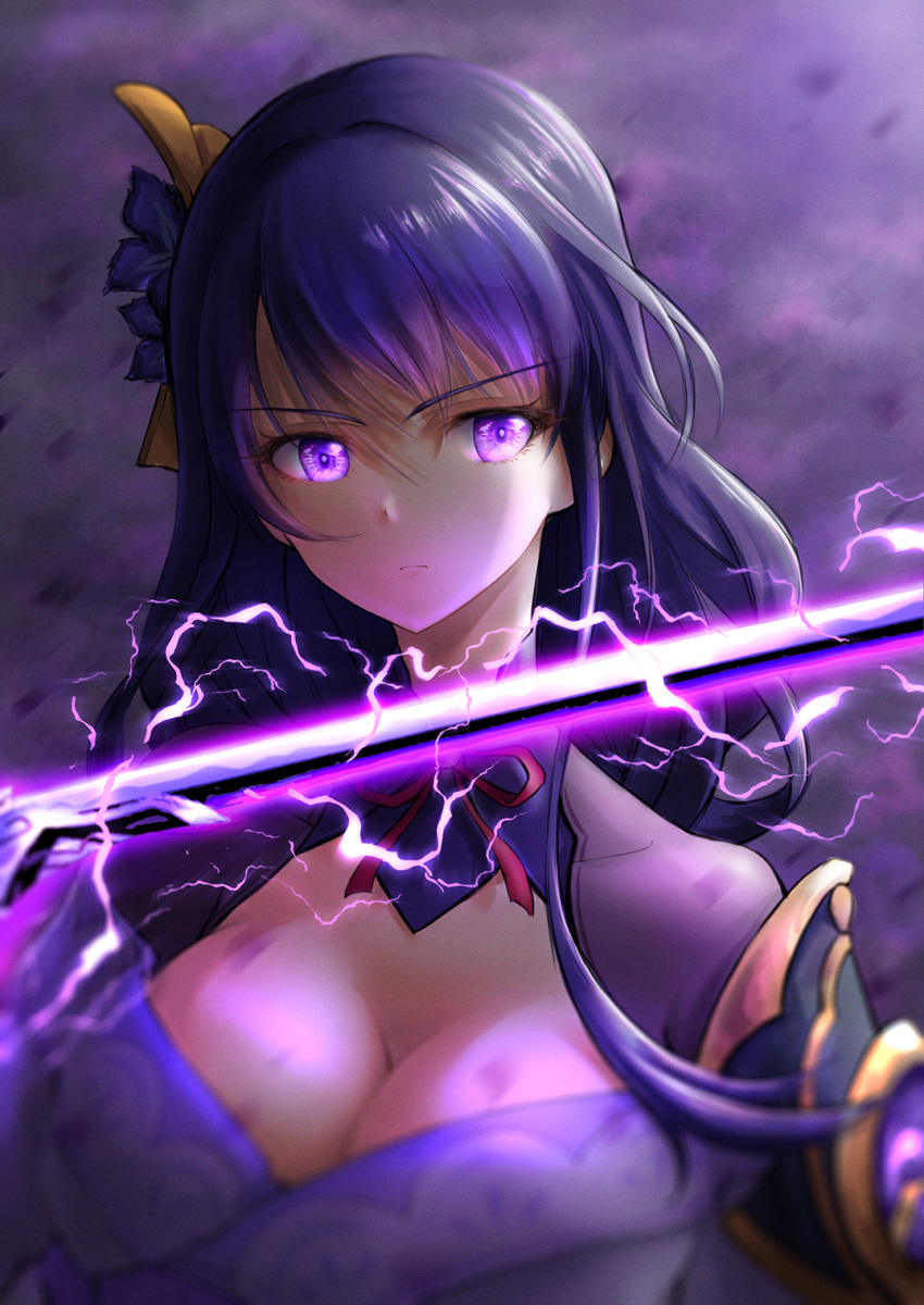 angry breasts chinese_commentary cleavage commentary_request electricity female genshin_impact glowing glowing_eyes hair_ornament highres japanese_clothes kimono large_breasts light_frown long_hair looking_at_viewer purple_eyes purple_hair purple_kimono raiden_shogun royboy solo sword upper_body weapon