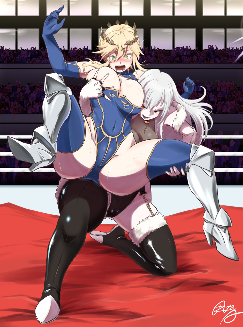 2girls absurdres armored_boots artoria_pendragon_(fate) artoria_pendragon_(lancer)_(fate) ass_visible_through_thighs black_footwear black_leotard blonde_hair blue_gloves blue_leotard blue_thighhighs blush boots breasts cleavage_cutout clothing_cutout covered_navel crown deep_skin elbow_gloves fate/grand_order fate_(series) fighting freia_kagami fur-trimmed_boots fur-trimmed_gloves fur_trim gloves grabbing grabbing_another's_breast green_eyes grey_hair hair_between_eyes hanabusa_(xztr3448) highleg highleg_leotard highres large_breasts leotard long_hair multiple_girls open_mouth sidelocks signature smile spread_legs sweat thick_thighs thigh_boots thighhighs thighs turtleneck turtleneck_leotard wrestle_angels wrestling wrestling_ring