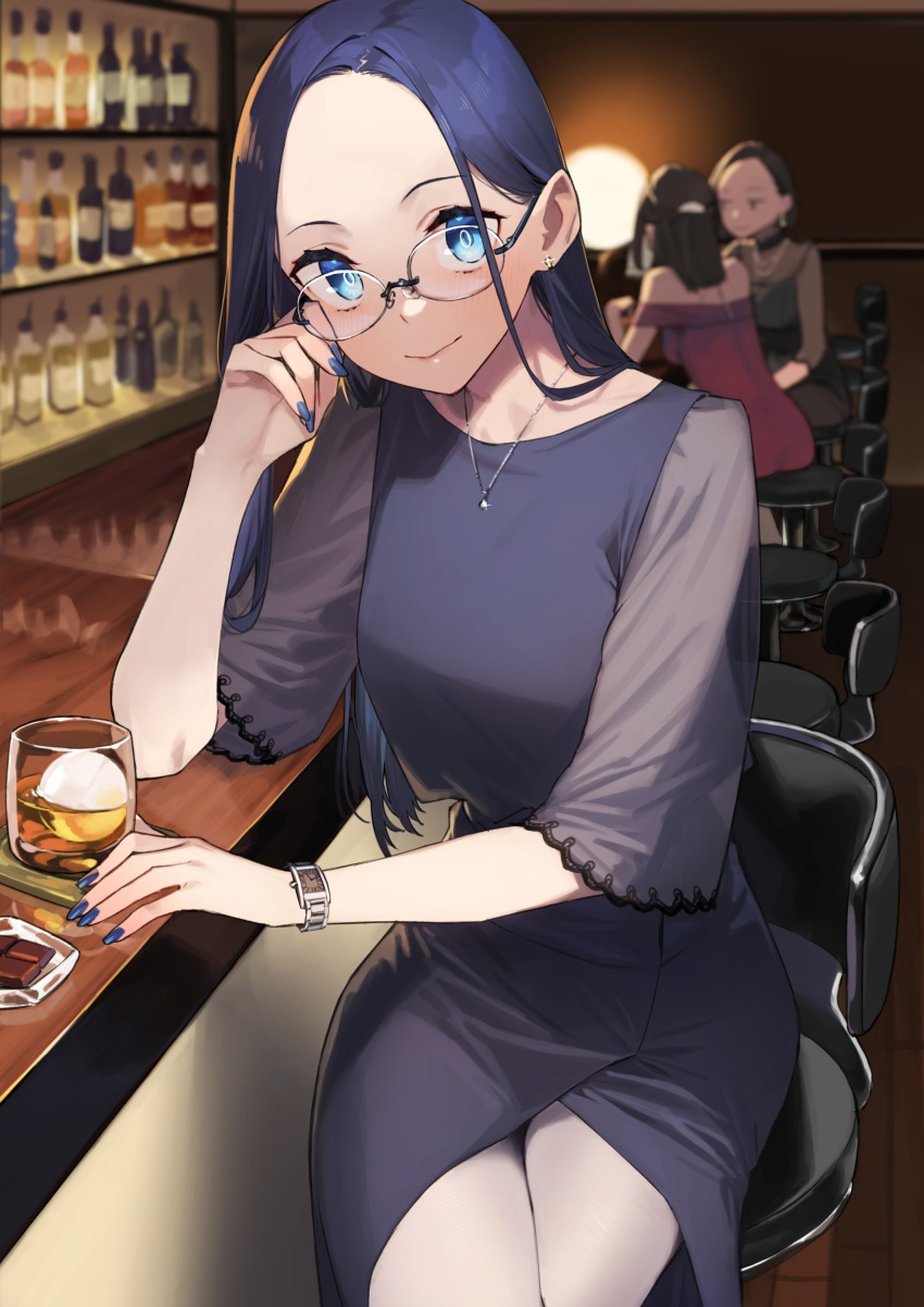 3girls 92m absurdres alcohol bar_(place) blue_dress blue_eyes blue_hair blue_nails bottle closed_mouth commentary cup dateko_(92m) dress drinking_glass earrings forehead ganbare_douki-chan glasses highres indoors jewelry long_hair looking_at_viewer miru_tights multiple_girls nail_polish necklace okuzumi_yuiko original senpai-san_(douki-chan) sitting solo_focus watch