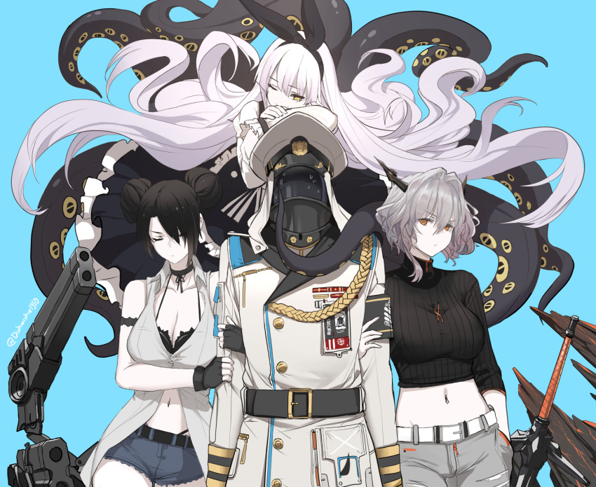 1other 3girls agent_(girls'_frontline) aiguillette alternate_costume arknights arm_hug arm_strap armband azur_lane bare_shoulders belt black_bra black_choker black_dress black_gloves black_hair black_shirt blue_background bra breasts center_opening choker cleavage closed_eyes collarbone commander_(azur_lane) commander_(girls'_frontline) commentary crop_top crossover cutoffs denim denim_shorts dishwasher1910 doctor_(arknights) double_bun dragon_horns dress fingerless_gloves floating_hair frilled_dress frills frown girls'_frontline gloves grey_hair gun hair_bun hair_ribbon hat helmet highleg highres horns id_card jeans large_breasts long_hair long_sleeves looking_at_viewer midriff military military_hat military_uniform multiple_crossover multiple_girls navel observer_alpha_(azur_lane) one_eye_closed pale_skin pants peaked_cap planted ribbed_shirt ribbon sangvis_ferri shirt short_shorts shorts sleeveless sleeveless_shirt stomach sweat sword talulah_(arknights) tentacle underwear uniform very_long_hair weapon white_hair white_headwear yellow_eyes