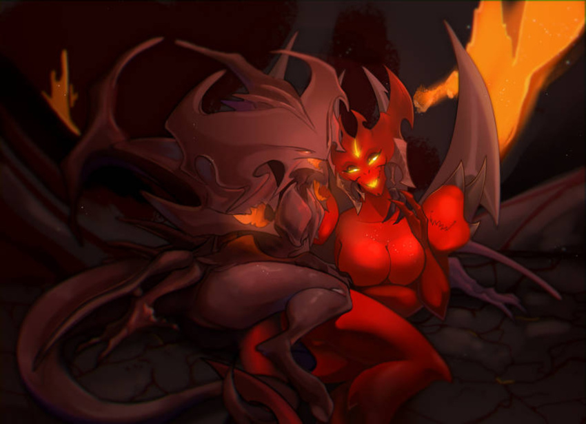 2022 blizzard_entertainment breasts brown_body claws demon demon_humanoid diablo diablo_(character) duo female female/female finger_claws fingers glowing glowing_eyes hi_res hooves horn humanoid lava long_tail looking_at_another membrane_(anatomy) membranous_wings prime_evil_diablo red_body rock rule_63 smile smiling_at_partner spacemaxmarine tail unguligrade unguligrade_humanoid wings