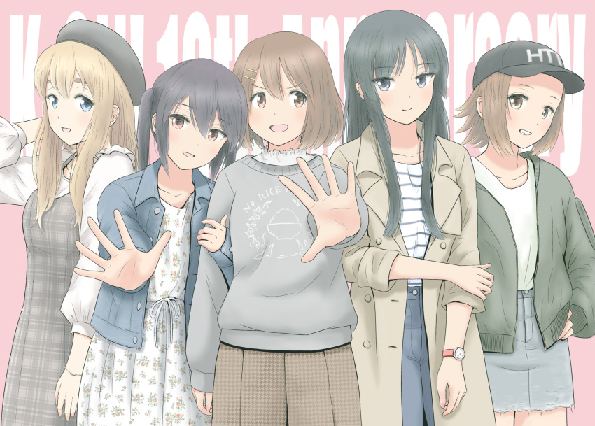 5girls akiyama_mio arm_behind_head baseball_cap beret black_hair blonde_hair blue_eyes brown_eyes brown_hair casual coat dress floral_print fukushima_uichi grey_eyes hair_between_eyes hair_ornament hairclip hands_on_own_hips hat highres hirasawa_yui k-on! kotobuki_tsumugi locked_arms long_hair looking_at_viewer miniskirt multiple_girls nakano_azusa outstretched_hand pants pinafore_dress shirt short_hair skirt sleeveless sleeveless_dress smile striped_clothes striped_shirt sweater tainaka_ritsu thick_eyebrows twintails watch wristwatch