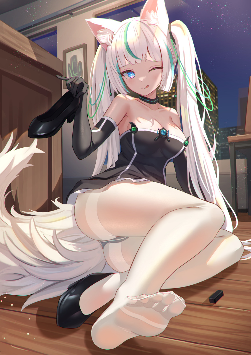 ;q animal_ear_fluff animal_ears ass bare_shoulders black_choker black_dress black_footwear black_gloves blue_eyes breasts choker cleavage closed_mouth collarbone cross-shaped_pupils dress elbow_gloves feet female foreshortening fox_ears fox_girl fox_tail gloves high_heels highres holding holding_shoes long_hair looking_at_viewer medium_breasts mirufuaa multicolored_hair naughty_face no_shoes one_eye_closed original panties panties_under_pantyhose pantyhose pumps shoes short_dress sitting smile solo strapless strapless_dress streaked_hair symbol-shaped_pupils tail thighband_pantyhose toes tongue tongue_out twintails underwear unworn_shoes very_long_hair white_hair white_pantyhose yokozuwari