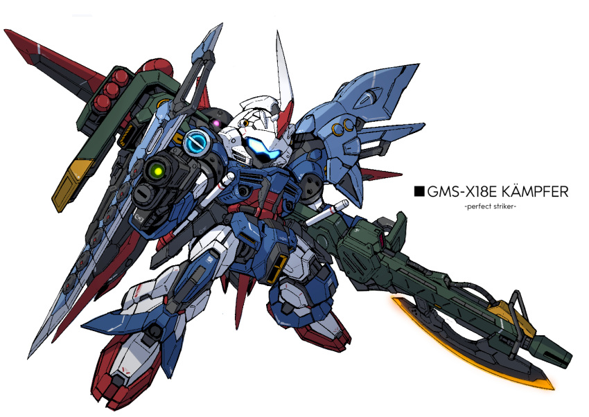 assault_visor axe chibi crossover gun gundam gundam_0080 gundam_seed kampfer_(mobile_suit) mecha mechanical_wings missile_pod no_humans perfect_strike_gundam robot solo strike_gundam takamaru_(taka1220) weapon white_background wings zeon