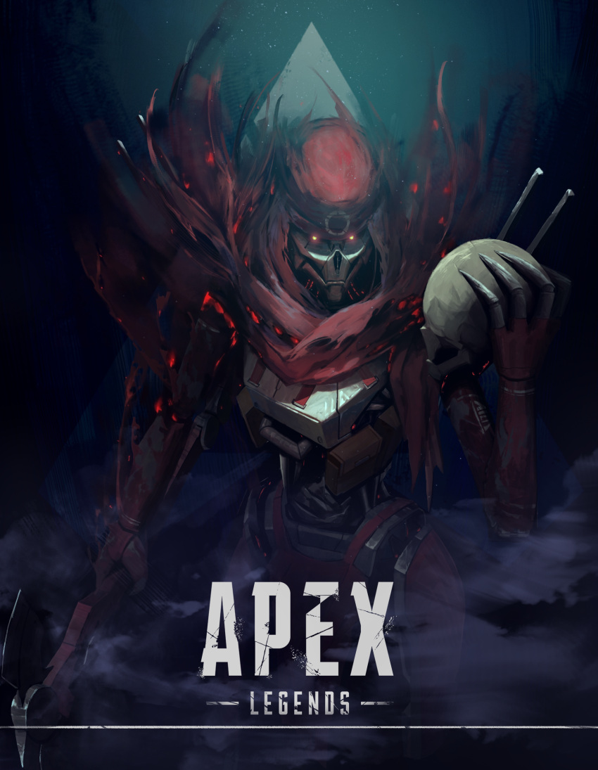 1boy apex_legends classic_revenant copyright_name dead_man's_curve eep167389 glowing glowing_eyes highres holding holding_scythe holding_skull humanoid_robot logo looking_at_viewer male_focus orange_eyes red_scarf revenant_(apex_legends) robot scarf science_fiction scythe simulacrum_(titanfall) skull